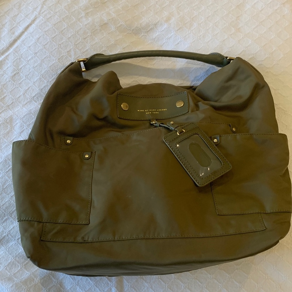 Marc Jacobs. Nylon with gold accents on army green.Shoulder/arm